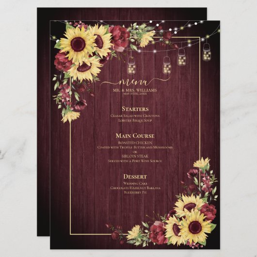 ひまわり素朴バーガンディーウッドフローラ結婚ズ メニュー (正面/裏面)