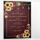 ひまわり素朴バーガンディーウッドフローラ結婚ズ 三つ折り招待状 (内部最初)