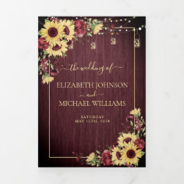 ひまわり素朴バーガンディーウッドフローラ結婚ズ 三つ折り招待状