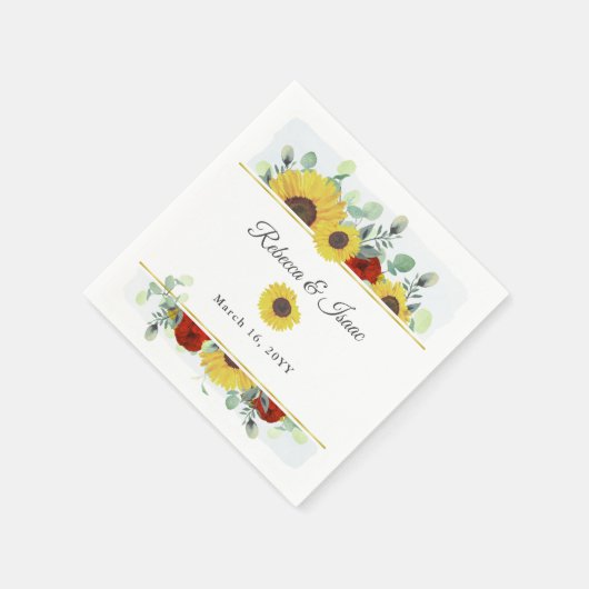 ひまわり素朴バーガンディーレッドフローラズ結婚 スタンダードカクテルナプキン (角)