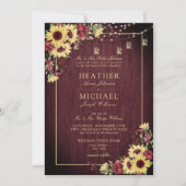 ひまわり素朴バーガンディ木材フローラの結婚インビ 招待状 (正面)