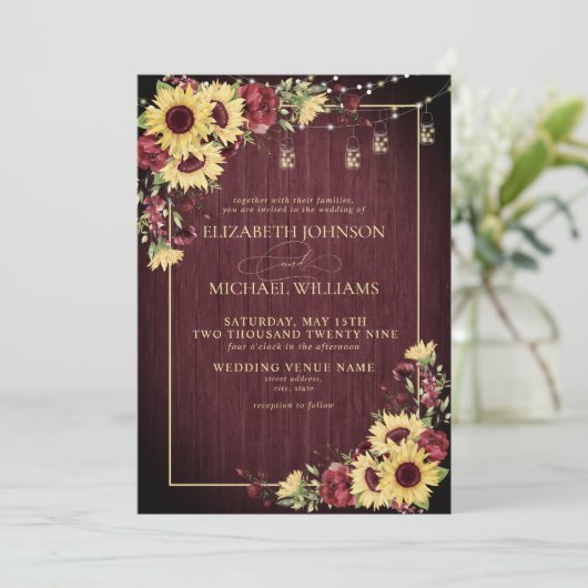 ひまわり素朴バーガンディ木材フローラの結婚インビ 招待状 (スタンド正面)