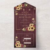 ひまわり素朴バーガンディ木材フローラズ結婚オール オールインワン招待状 (内側)