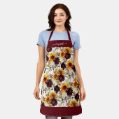 ひまわり素朴バーガンディ秋フローラ水彩 エプロン (着用した状態)