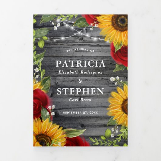 ひまわり素朴バーガンディ赤いバラの写真結婚の 三つ折りカード (カバー)