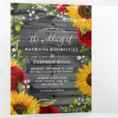 ひまわり素朴バーガンディ赤いバラの写真結婚の 三つ折りカード (内部最初)