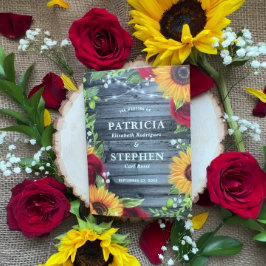 ひまわり素朴バーガンディ赤いバラの写真結婚の 三つ折りカード