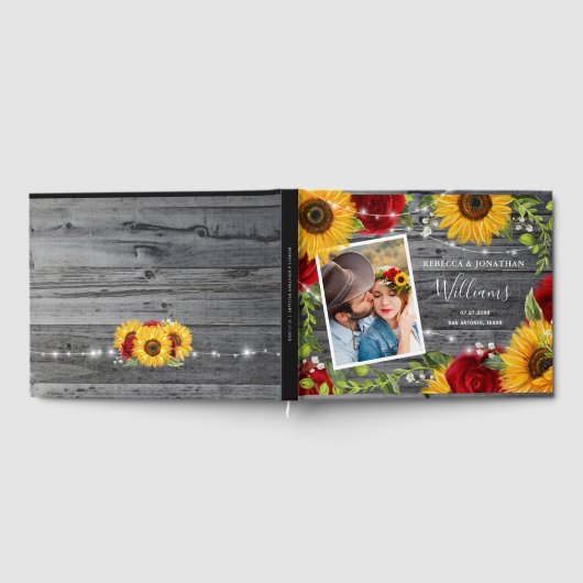 ひまわり素朴バーガンディ赤いバラの木結婚の木 ゲストブック (全面)