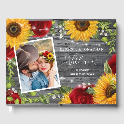 ひまわり素朴バーガンディ赤いバラの木結婚の木 ゲストブック (正面)