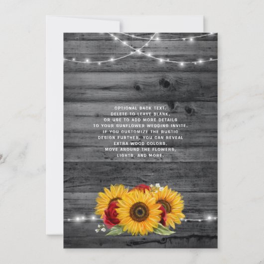 ひまわり素朴バーガンディ赤いバラの木結婚の木 招待状 (裏面)