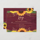 ひまわり素朴バーガンディ金ゴールドレース結婚式RSVP 出欠カード (正面/裏面)