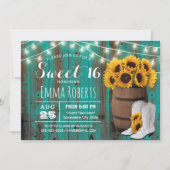 ひまわり素朴バーレルティール（緑がかった色）バーン女性のカーボーイスウィート16 招待状 (正面)