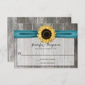 ひまわり素朴バーンウッドティール(緑がかった色)リボンRSVP 出欠カード (正面/裏面)