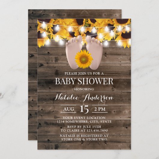 ひまわり素朴バーンドウッドベビー足ベビーシャワーI 招待状 (正面/裏面)