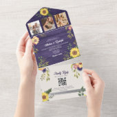 ひまわり素朴パープル結婚ズ オールインワン招待状 (貼ってはがせる)