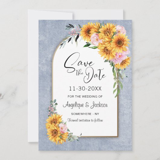 ひまわり素朴ピンクのローズ結婚アーチズ セーブザデート (正面)