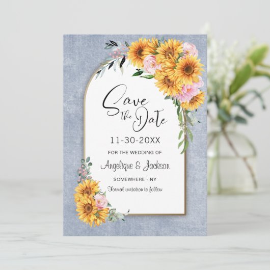 ひまわり素朴ピンクのローズ結婚アーチズ セーブザデート (スタンド正面)