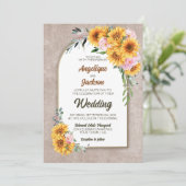 ひまわり素朴ピンクのローズ結婚アーチズ 招待状 (スタンド正面)