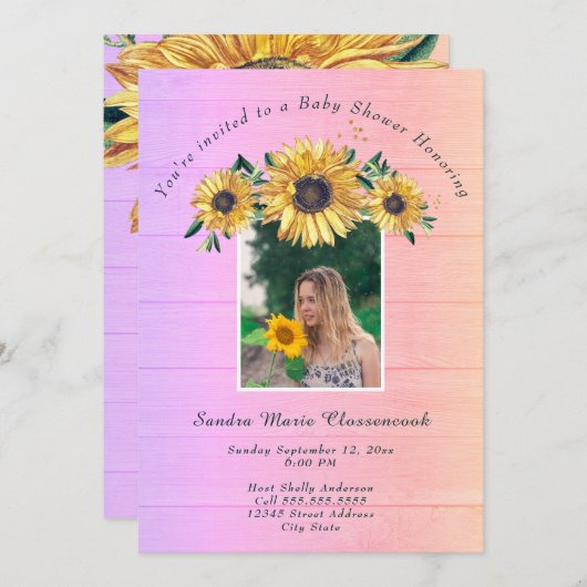 ひまわり素朴ピンクの木の女の子ベビーシャワーInvita 招待状 (正面/裏面)