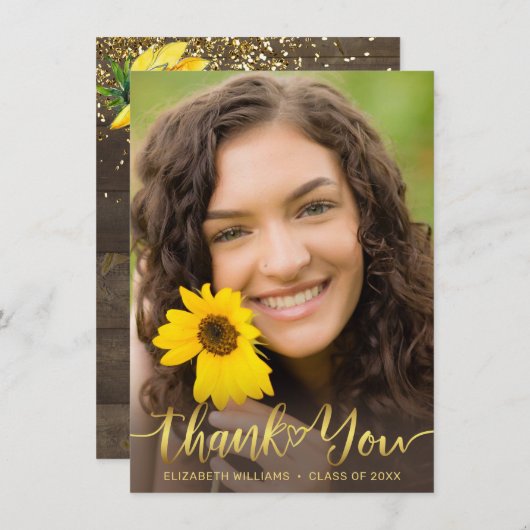 ひまわり素朴フォト金ゴールドスクリプト卒業 サンキューカード (正面/裏面)