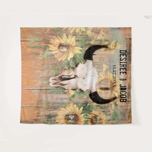 ひまわり素朴フラワーズブルスカルウエスタンフォトブース タペストリー (正面(横))