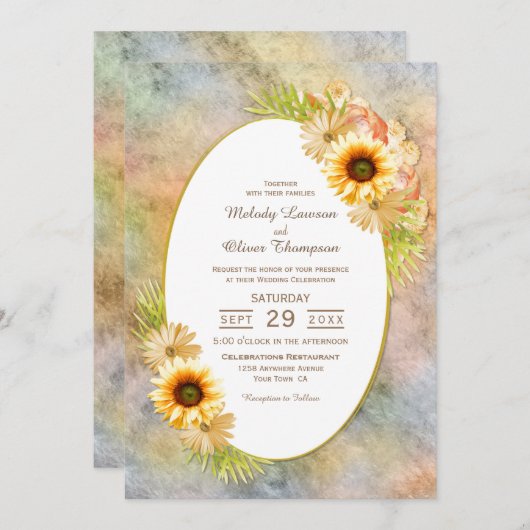 ひまわり素朴フローラと金ゴールドフレ結婚ーム 招待状 (正面/裏面)