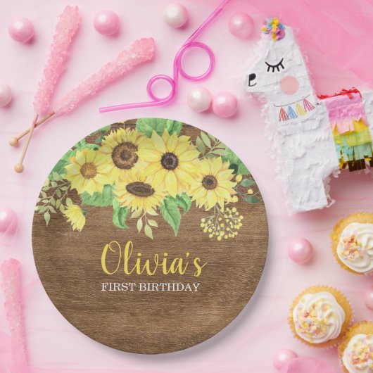ひまわり素朴フローラウッドサマーファースト誕生日 ペーパープレート (パーティー)