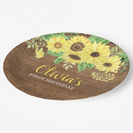 ひまわり素朴フローラウッドサマーファースト誕生日 ペーパープレート (アングル)