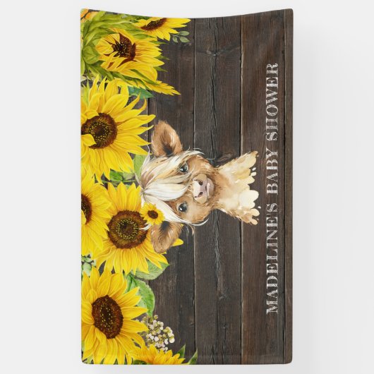 ひまわり素朴フローラハイランド牛の赤ちゃんシャワー 横断幕 (縦)