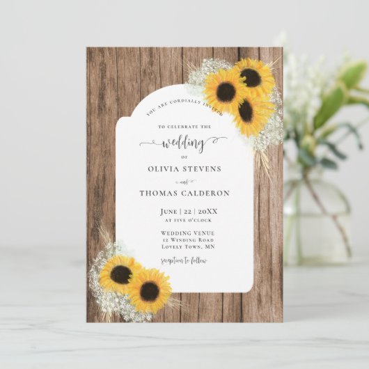 ひまわり素朴フローラフレームウッドエレガントな結婚式 招待状 (スタンド正面)