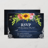 ひまわり素朴フローラブルーウッドレース結婚ズ 出欠カード (正面/裏面)