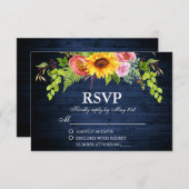 ひまわり素朴フローラブルーウッド結婚ズ 出欠カード (正面/裏面)