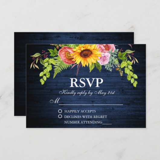ひまわり素朴フローラブルーウッド結婚ズ 出欠カード (正面/裏面)
