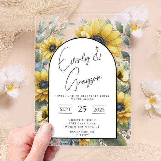 ひまわり素朴フローラブーケ結婚ーズ アクリル招待状
