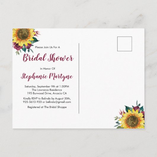 ひまわり素朴フローラライトブライダルシャワー インビテーションポストカード (裏面)