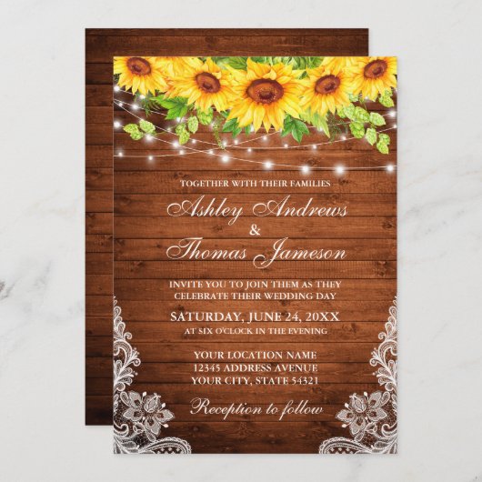 ひまわり素朴フローラレースウッドライト 招待状 (正面/裏面)