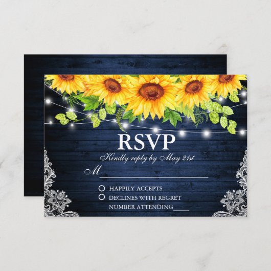 ひまわり素朴フローラレースブルーウッドライトRSVP 出欠カード (正面/裏面)