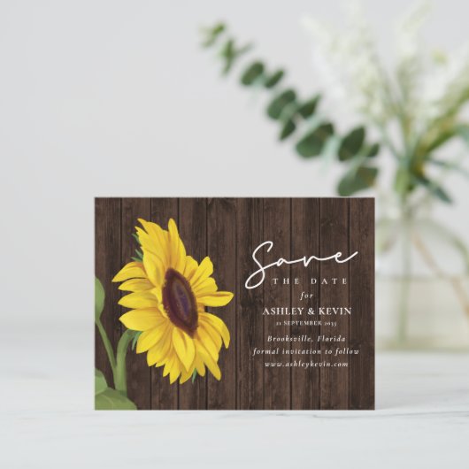 ひまわり素朴フローラ木婚式の日付を保存 案内ポストカード (スタンド正面)