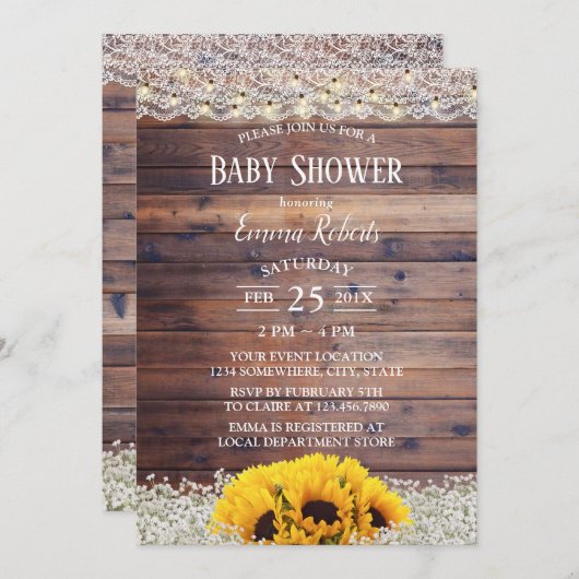 ひまわり素朴フローラ紐灯ベビーシャワー 招待状 (正面/裏面)