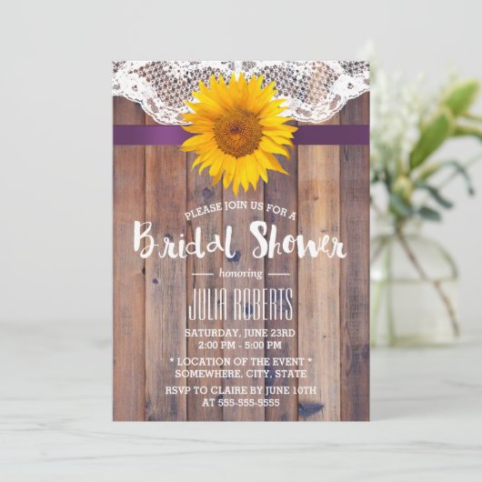 ひまわり素朴ブライダルシャワーレースバーンドウッド 招待状 (スタンド正面)