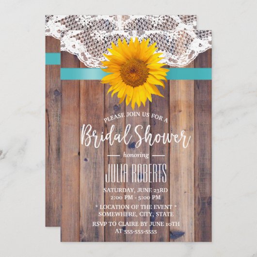 ひまわり素朴ブライダルシャワーレースバーンドウッド#2 招待状 (正面/裏面)