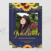 ひまわり素朴ブルーと金ゴールド2写真卒業 案内状 (正面/裏面)