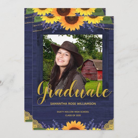 ひまわり素朴ブルーと金ゴールド2写真卒業 案内状 (正面/裏面)