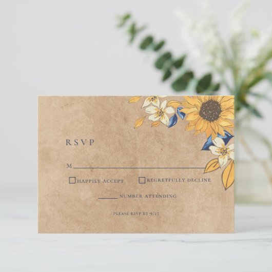 ひまわり素朴ブルーイエローウェディングRSVPカード 出欠カード (スタンド正面)