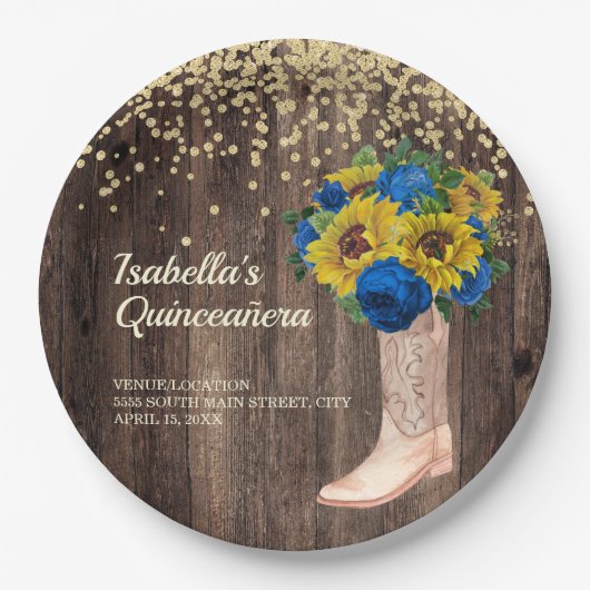 ひまわり素朴ブルーバラブーツキンセアニラ ペーパープレート (正面)