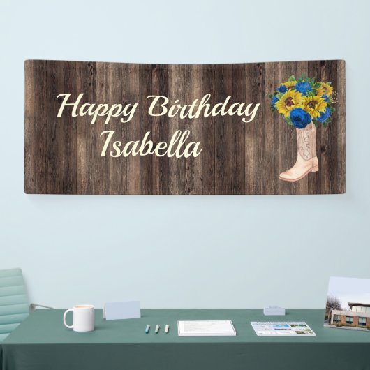 ひまわり素朴ブルーバラブーツハッピーバースデー 横断幕 (トレードショー)