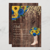 ひまわり素朴ブルーバラブーツ18誕生日 招待状 (正面/裏面)