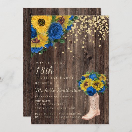 ひまわり素朴ブルーバラブーツ18誕生日 招待状 (正面/裏面)