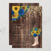 ひまわり素朴ブルーバラブーツ21歳の誕生日 招待状 (正面/裏面)