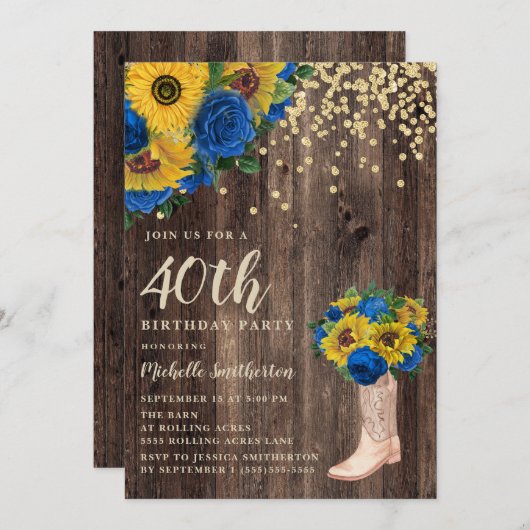 ひまわり素朴ブルーバラブーツ40th誕生日 招待状 (正面/裏面)